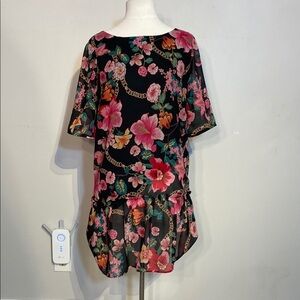 Black and Pink Floral Tunic with Flutter Sleeves